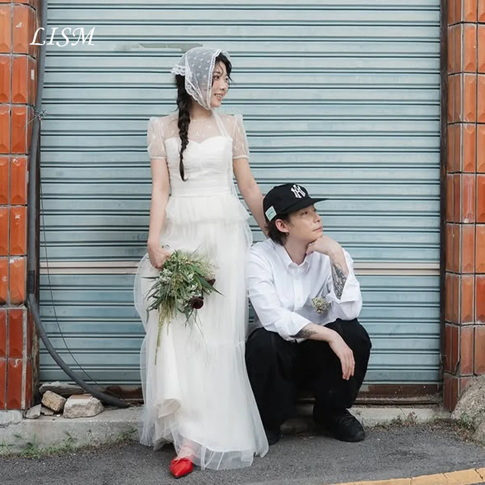 LISM O-Neck Short Sleeves A-Line Tiered Korea Wedding Dresses Photo Shoot Silk Tulle Lace Bridal Gowns Customize 웨딩드레스