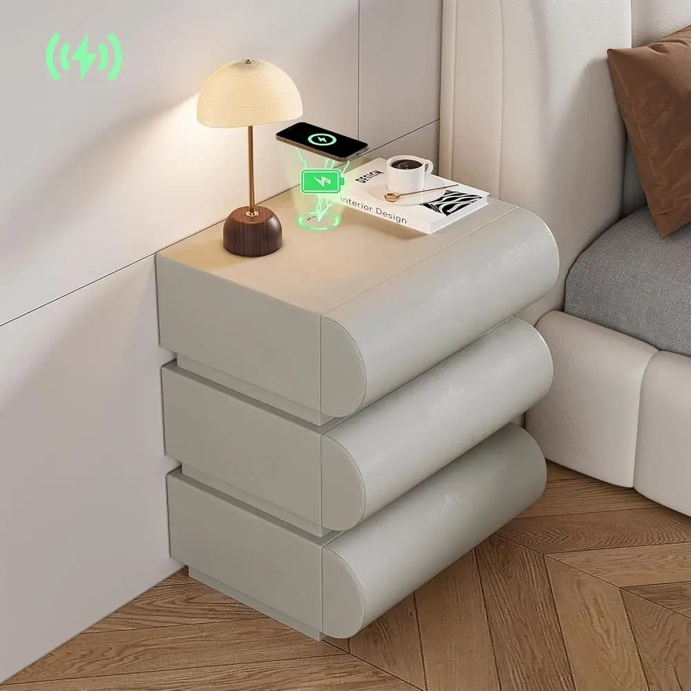 

Smart Nightstand Modern White Leather Nightstands With Wirel Charger Bedside Table With 3 Drawers For Bedrooms Living Rooms