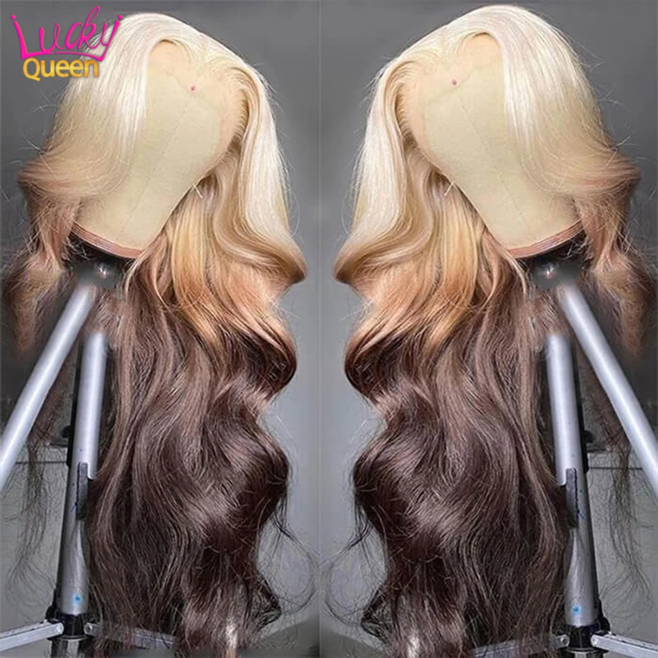 

613 Blonde Brown Ombre Color Body Wave Lace Frontal Wig Human Hair 13X4 13X6 Transparent Lace Frontal Wigs Pre Plucked For Women