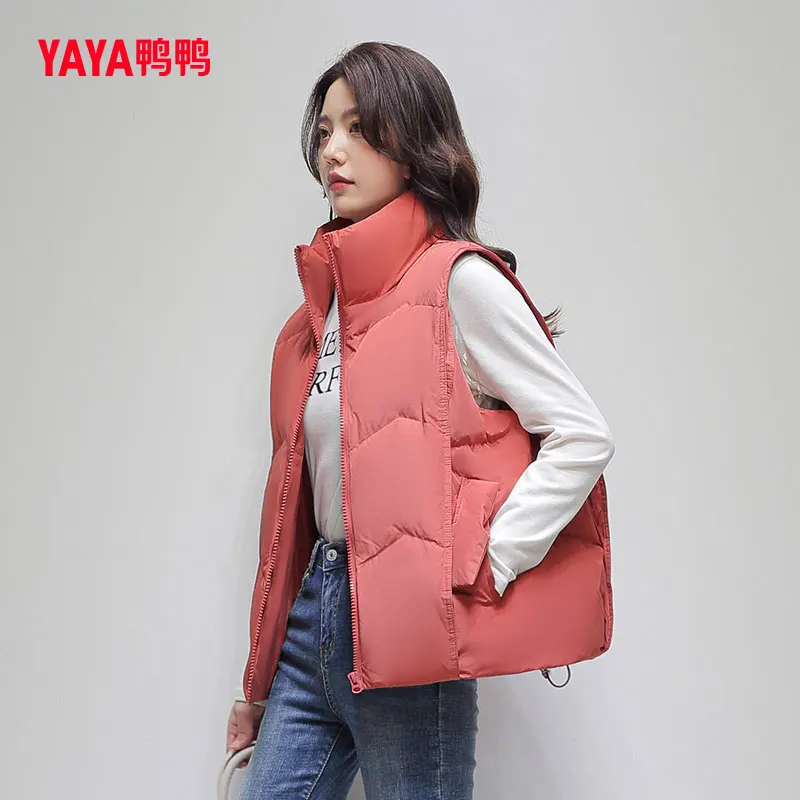 YAYA 2023 Women Down Jackets Spring Autumn Short Outer Wear Vest Stand Collar  Portable Casual Pocket Coat Ladies Padded Parkas