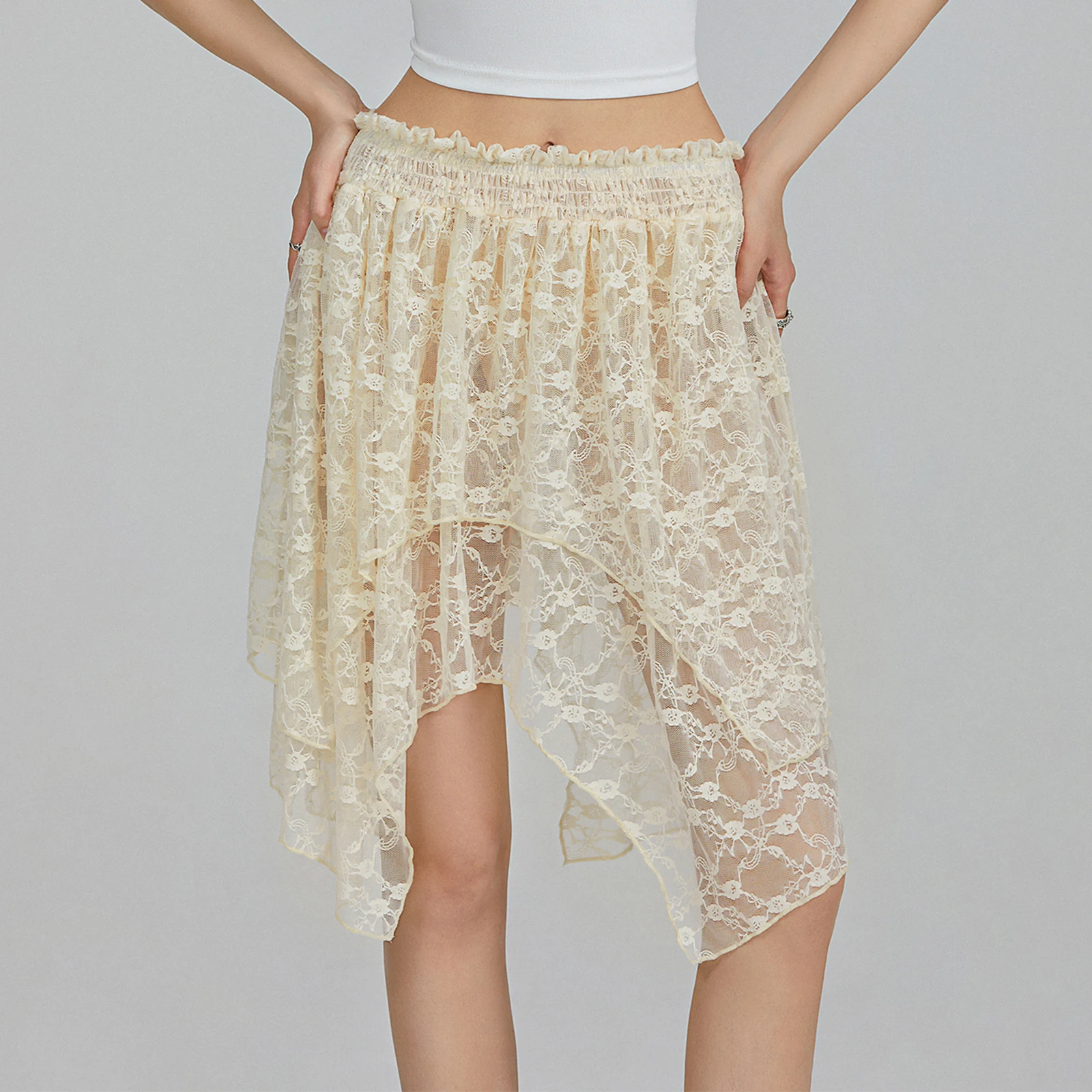 Women Summer Mini Skirts Irregular Hem Lace Floral Skirt for Daily Travel Parties