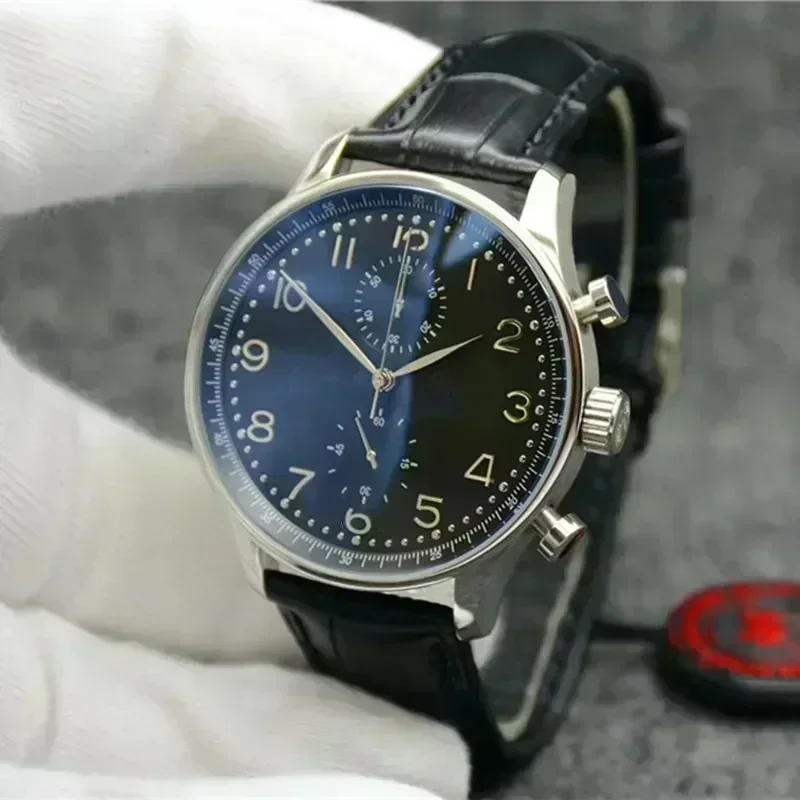 43 مللي متر البرتغالية سلسلة كوارتز كرونوغراف VK63 الطلب رجال الأعمال أسود أبيض ساعة اليد جلدية موضة ساعة مخصصة