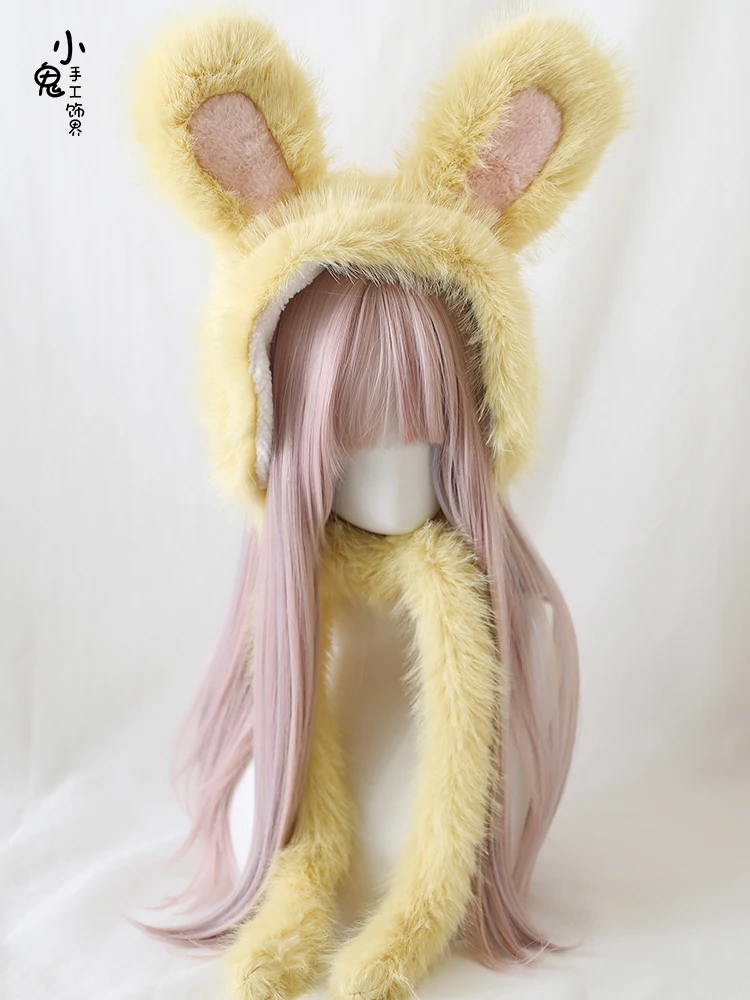 Original plush rabbit ears shape ear protection hat Japanese cute Lolita rabbit ears all plush warm hat