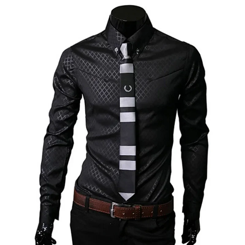 Thin Men Plaid Shirts 2025 Solid Mens Checkered Office Shirts Long Sleeve Slim White Shirt Male Social Chemise Homme Clothing