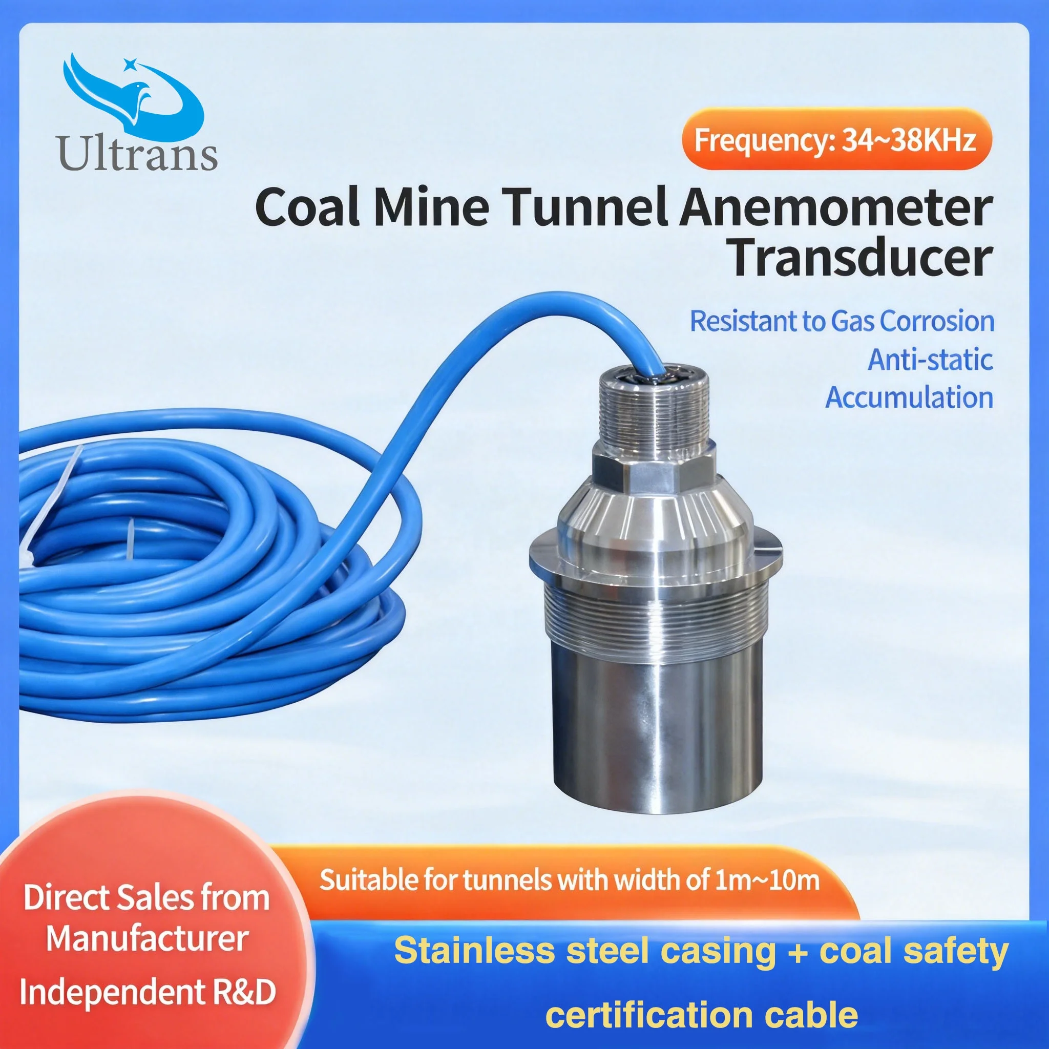 36KHz Explosion-proof Stainless Steel CE Certified Wind Speed Transducer Coal Mine Ultrasonic Anemometer Sensor for Ventilation