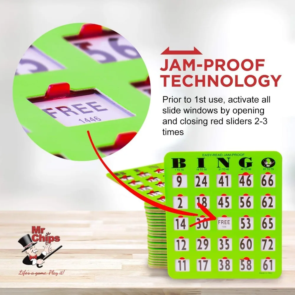 Jam-Proof Easy-Read Large Print Fingertip Bingo Cards with Sliding Windows - 200 Pack in Green Style