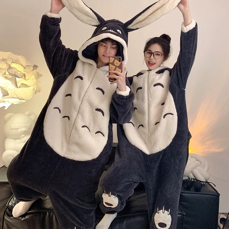 My Neighbor Totoro Winter Couple Matching Pajamas Thick Fluffy Plush Zipper Jumpsuit Cute Loungewear Warm Cozy Home Sleepwear view 3