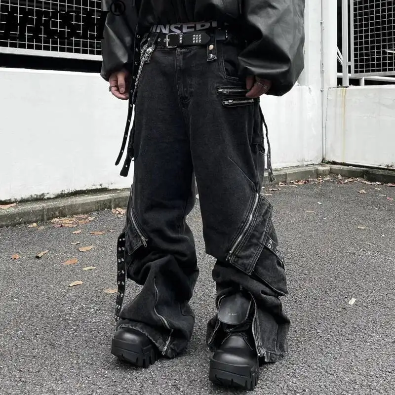 

HKSH Spring New Man's Niche Waste Land Zipper Pockets Design High Sense Straight Jeans Wide Leg Floor Length Cargo Pants HK10296