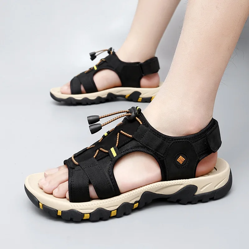 

Men's Casual Outdoor Sports Sandals Genuine Leather Summer Breathable Beach Shoes Versatile Slip-On Durable Rubber Sole