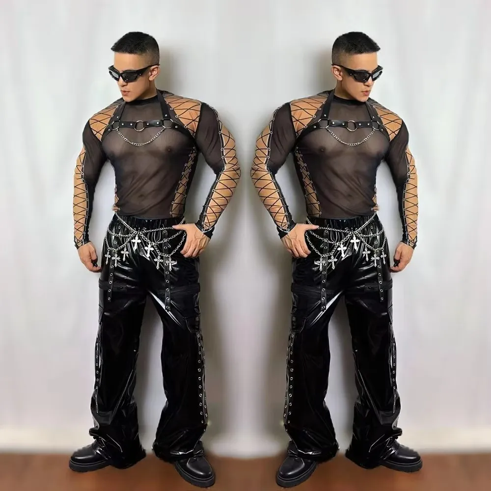 Men's Black Jazz Dance Outfit T-shirt And Leather Wide-leg Pants Set See-through Design Nightclub Bar Singer Stage Performance
