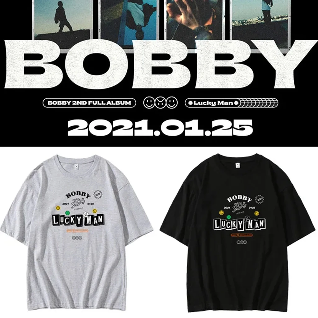 

Kpop Y2K IKON BOBBY Letter LUCKY MAN Printe T-shirt Summer Women Bat Sleeve Cotton T-shirt Harajuku 90S Oversize Streetwear