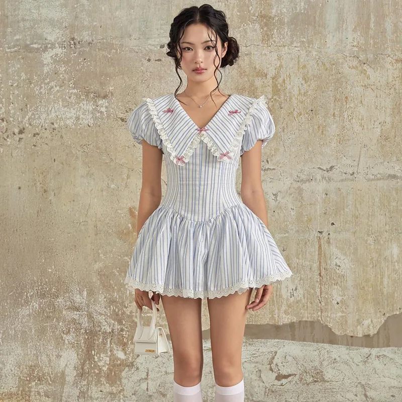 

European and American style 2025 spring new sweet girl ruffled collar striped printed waist cinching dress