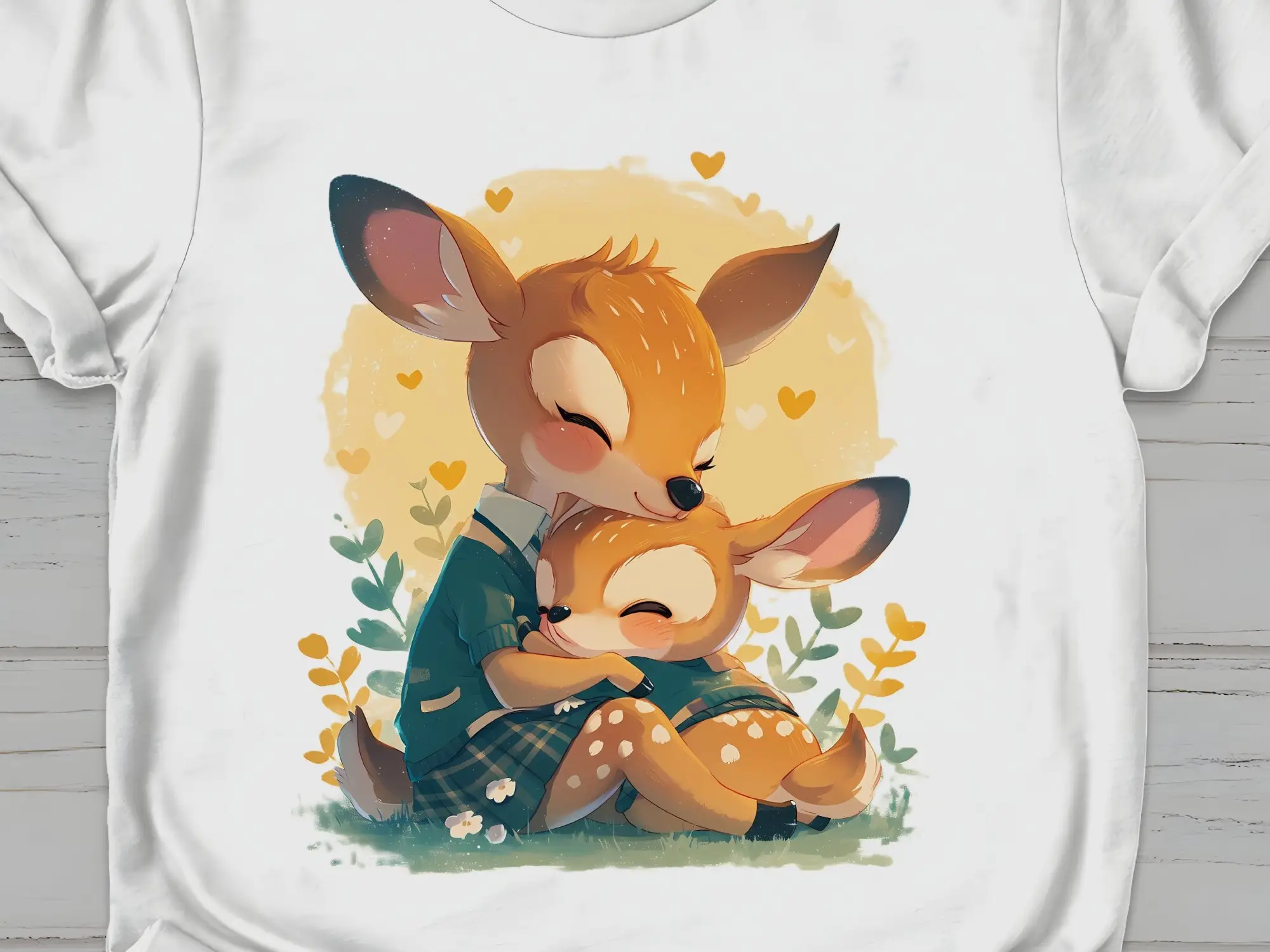 Cute Deer Mom and Kid Hugging T Shirt Perfect Mother's Day Adorable Animal Design Lovely Mommy Baby Print Top