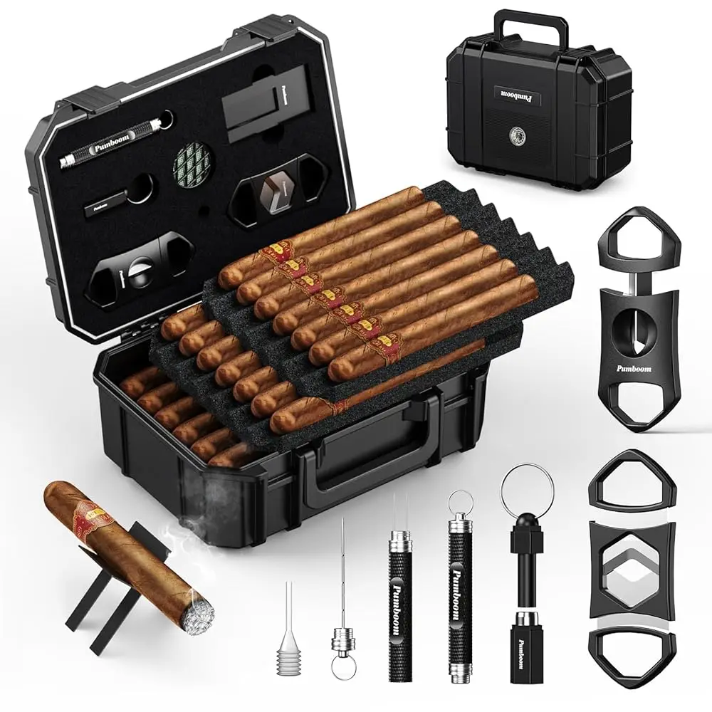 

Travel Cigar Humidor Case, Humidor Cigar Box, Cigar Case with Cigar Accessories V Cutter, Straight Cutter, Cigar Holder, Ciga