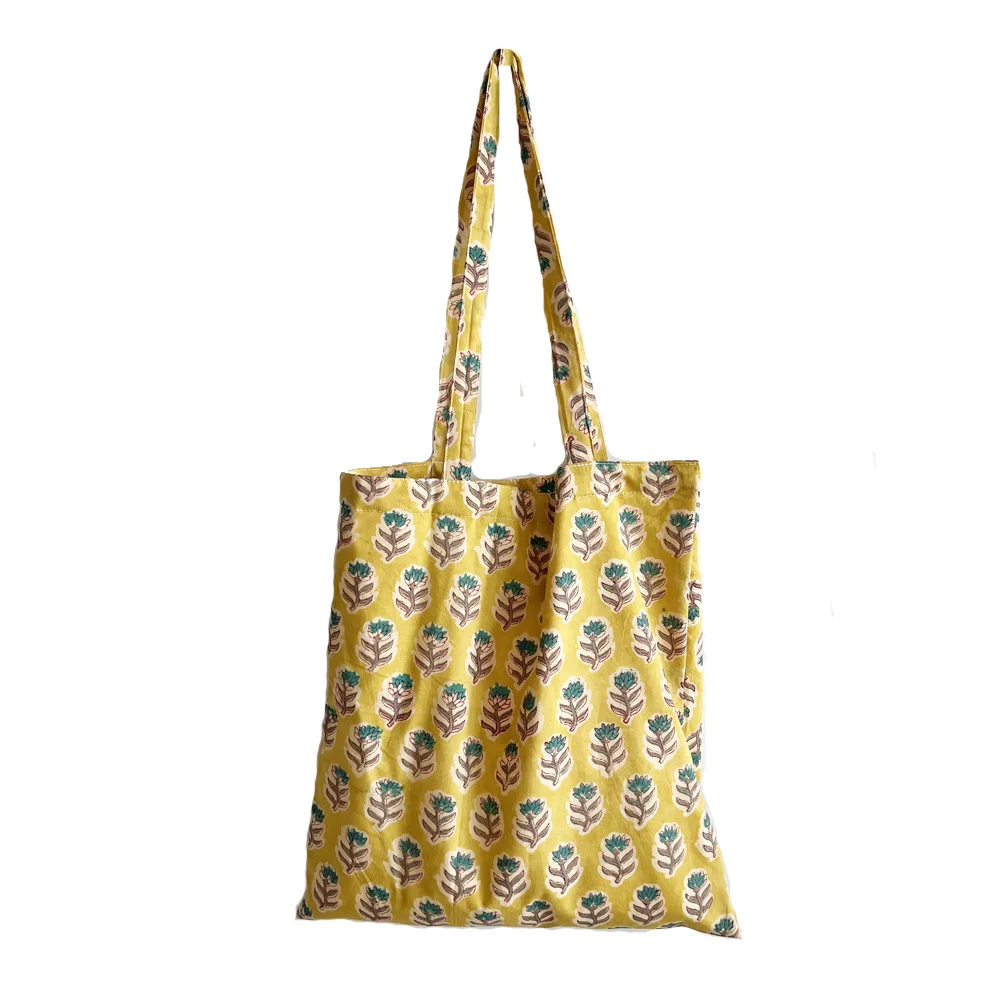 New Women Indian Traditional Block Print Gardenia Yellow Cotton Shoulder Bag Eco Tote Bag Minimalist Thin Canvas Daily Handbag