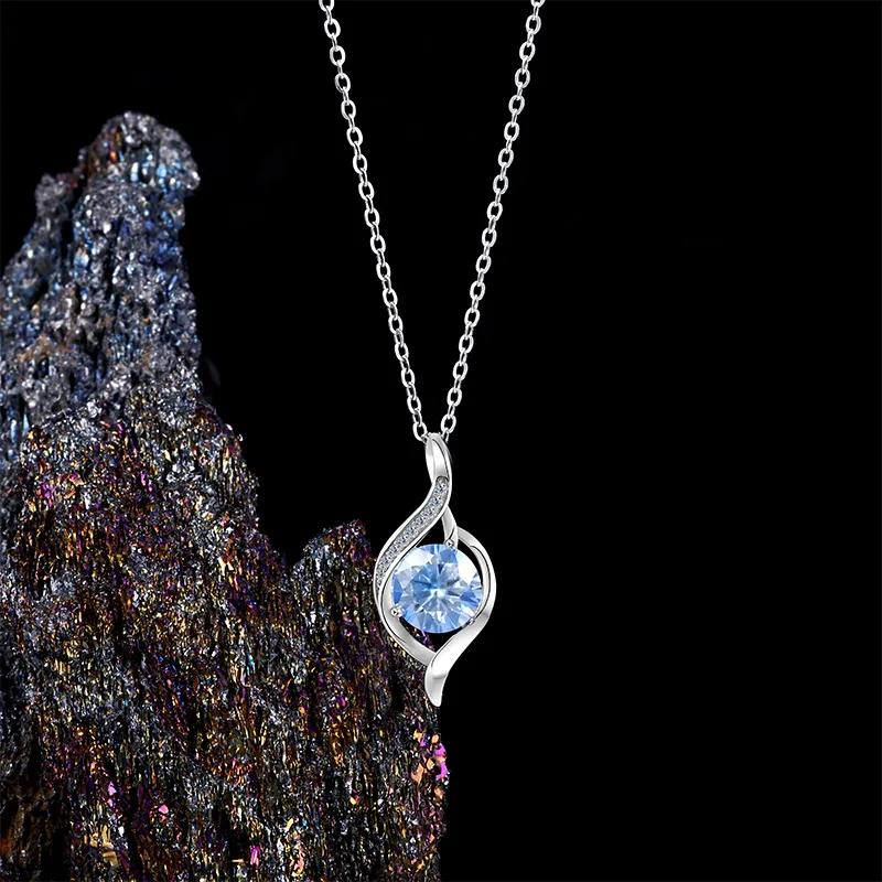 

Women's S925 Sterling Silver Necklace with 1ct VVS1 D Color Blue Moissanite Delicate Pendant Collarbone Chain Jewelry Gift
