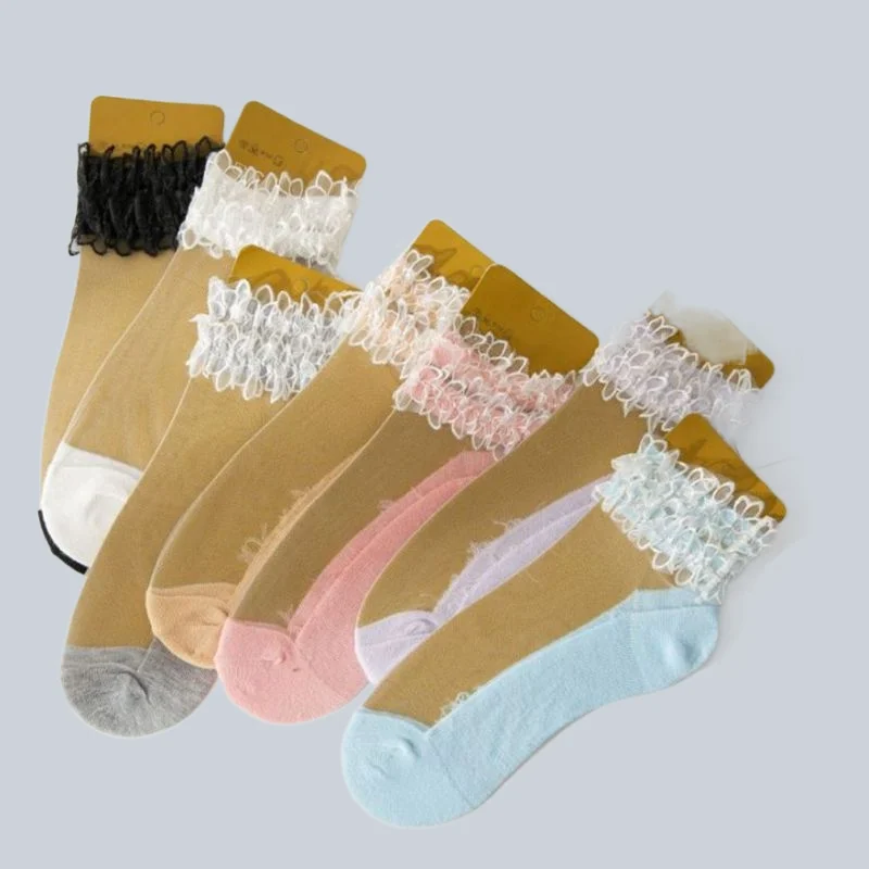 5/10 Pairs Lace Thin Socks Casual Card Silk Short Socks Glass Silk Short Socks Children's Lace Crystal Summer High Quality Socks