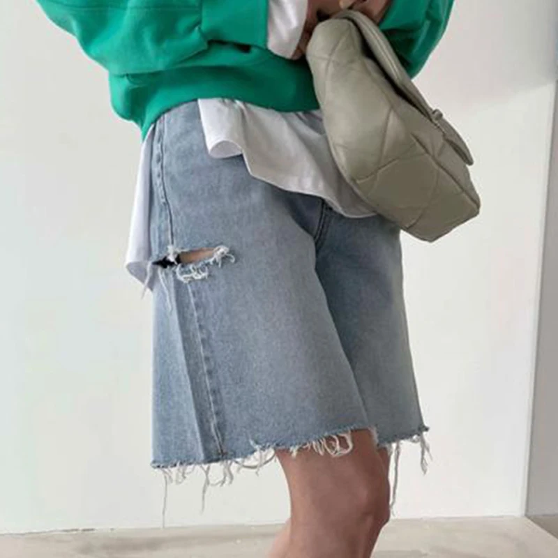 orts Jeans Fs de Cintura Alta, Estilo Vintage, gem Azul, com Fenda Lateral