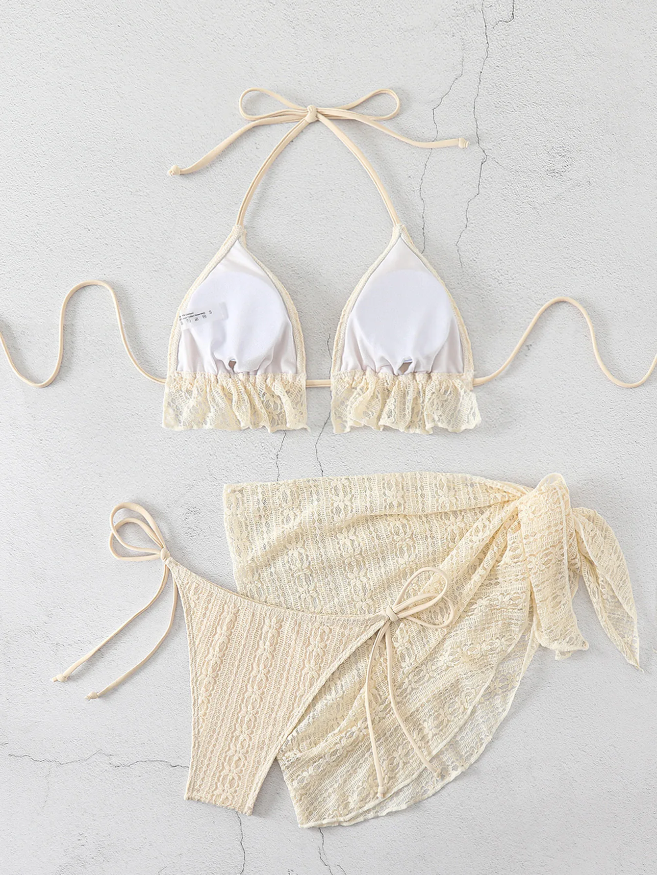 Sexy babados gravata micro mini string halter rendas conjuntos de biquinis 3 pçs com capa saia maiô biquini tankini