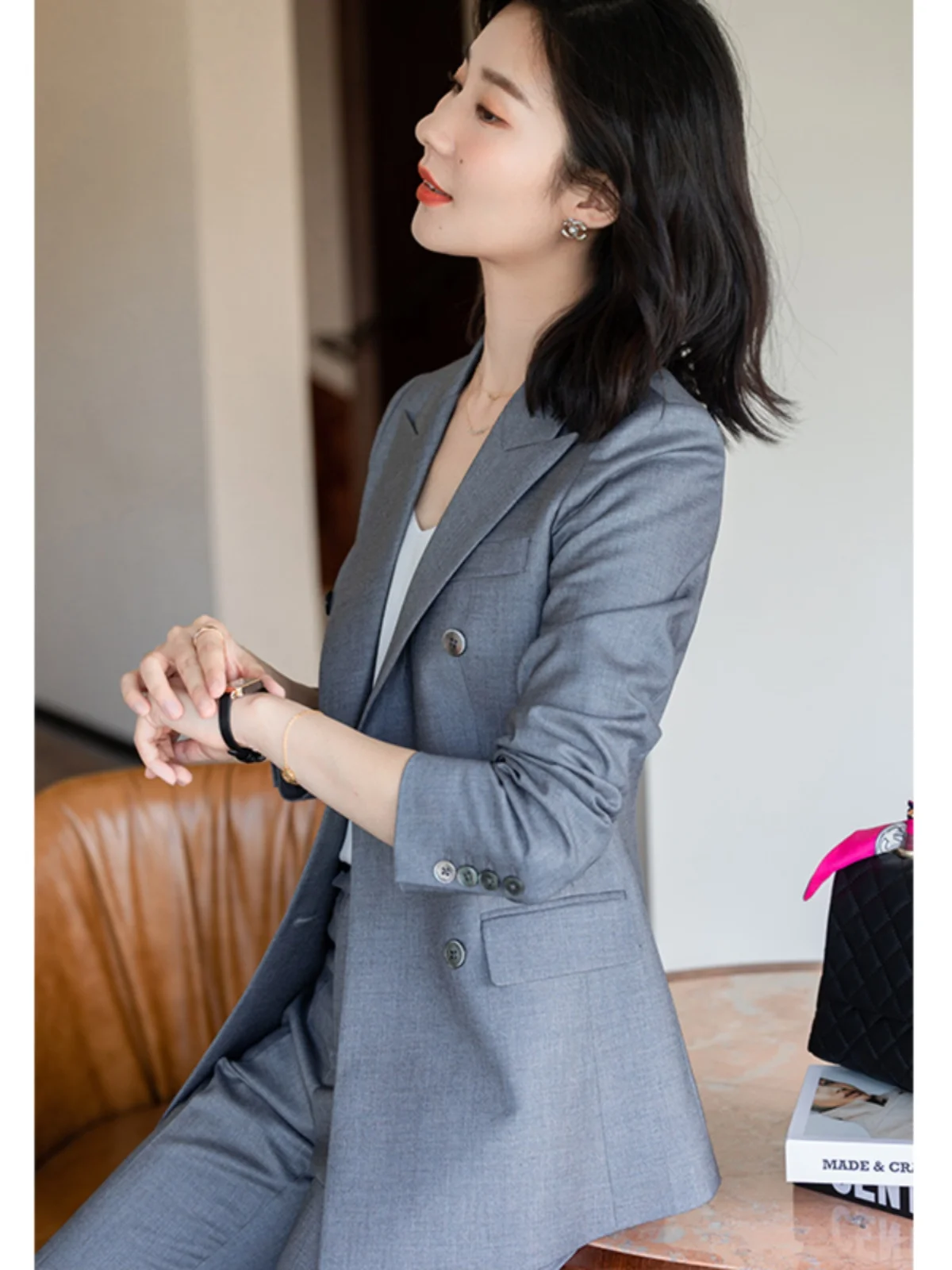 

Diisia ey Suit Jaet Women's Profional Interview Outfit Career Set Commute Sle Woolen Long Sve Double Breasted