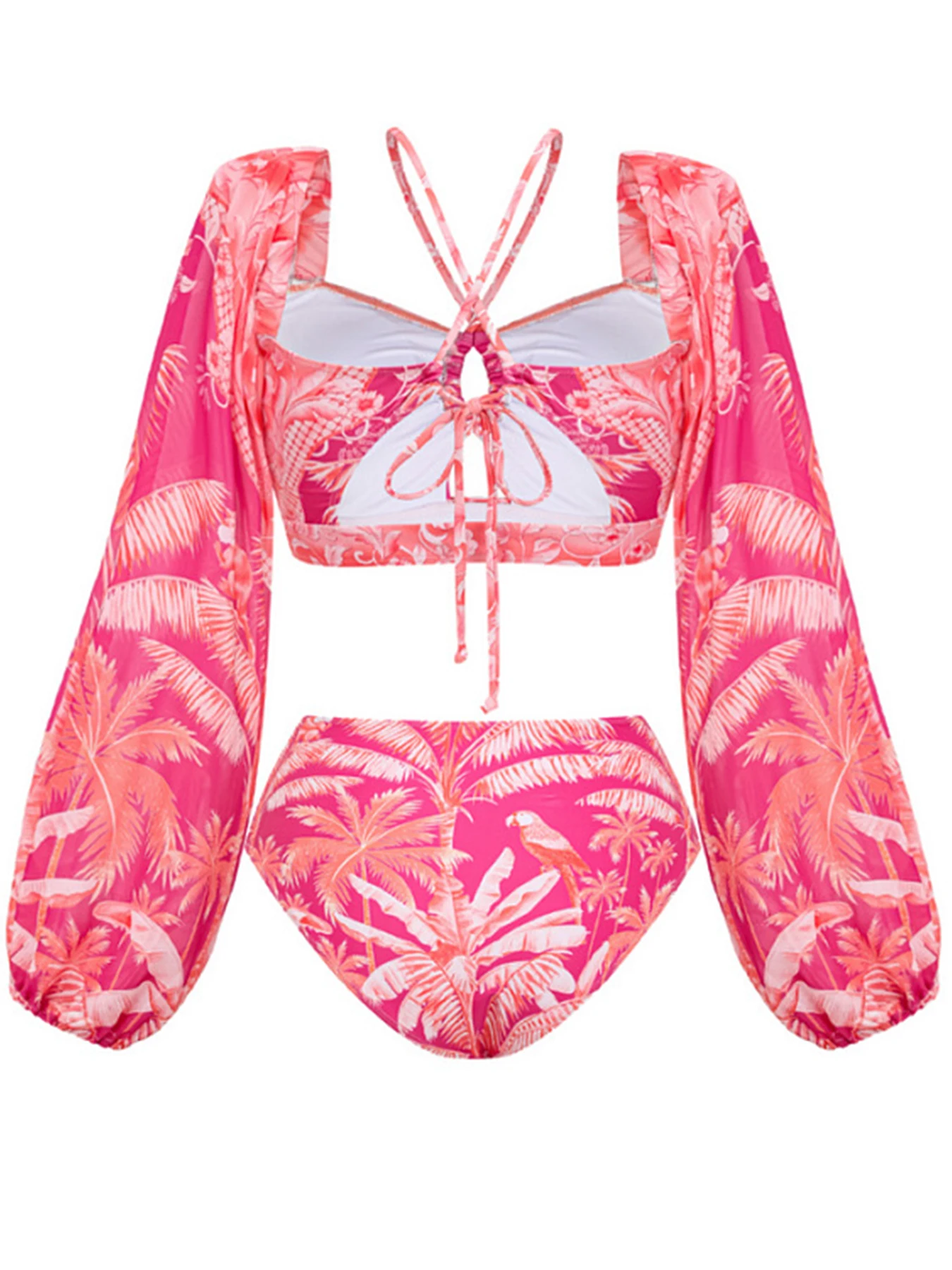 2025 Nuova stampa bikini a maniche lunghe set costume da bagno per donna costumi da bagno a vita alta femminile due pezzi costume da bagno estivo beachwear XL