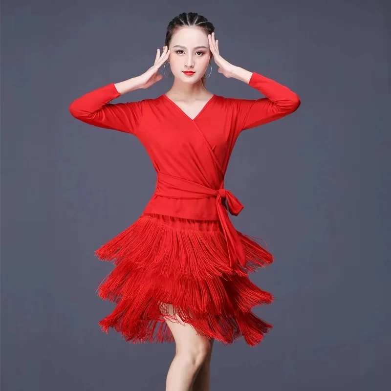 New Women Dresses Tassel Dance Skirt Latin Dancing Long Sleeve Dress Latina Black Sexy Girls Adult Costume Rumba Modern dance