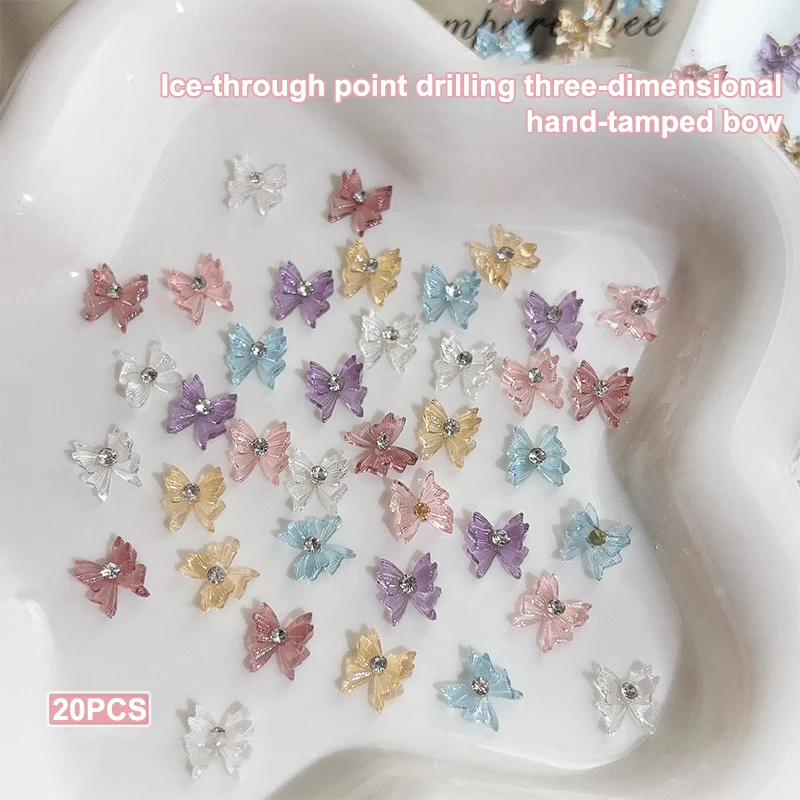 Round Rhinestone Nail Bow Charms 20pcs Ice Transparent Crystal Bowtie Jewelry Diamond Resin Ribbon Gems For Nails Accessories