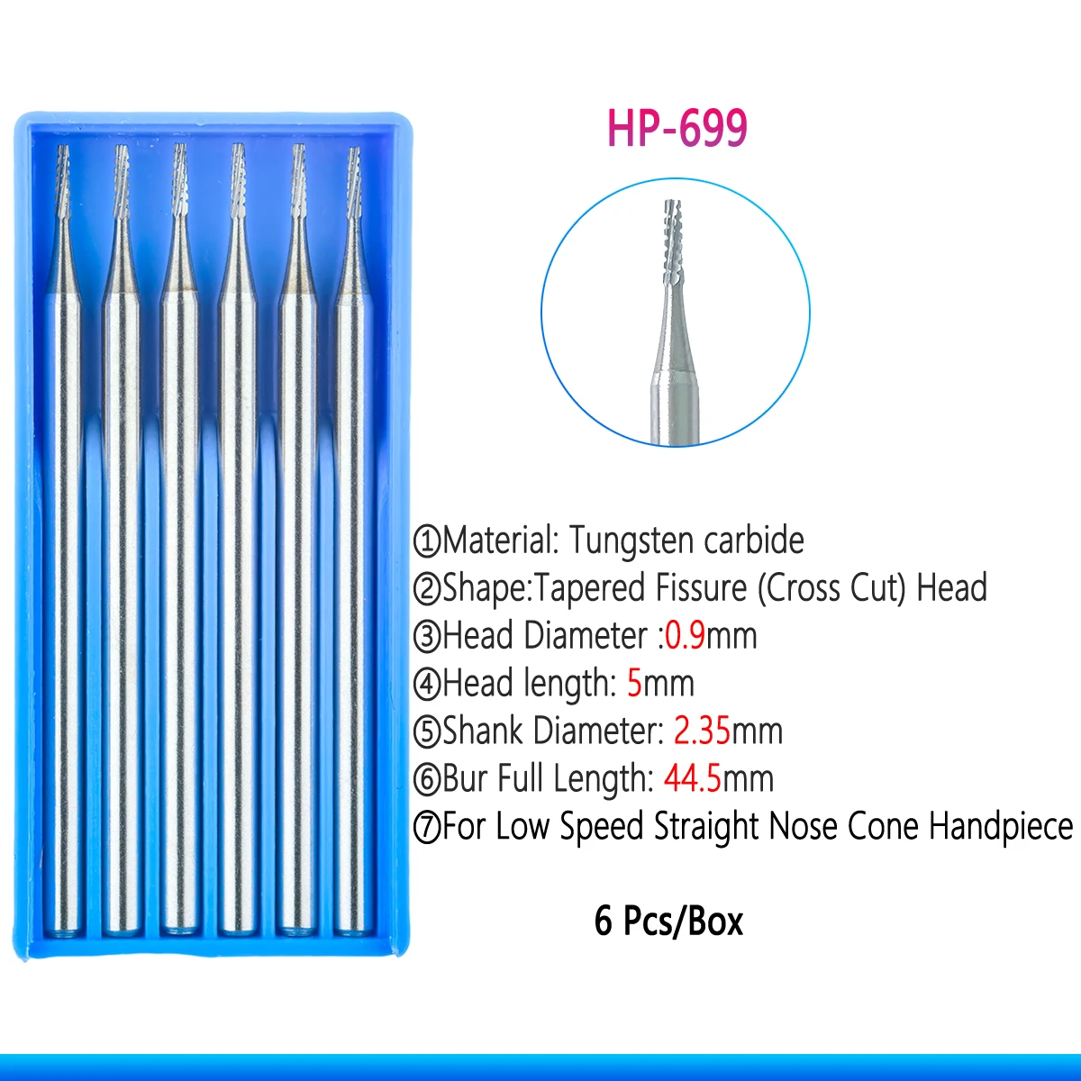 6Pcs/Box Dental Tungsten Carbide Burs Tapered Fissure Cross Cut Head HP Series 2.35mm For Low Speed Straight Nose Cone Handpiece