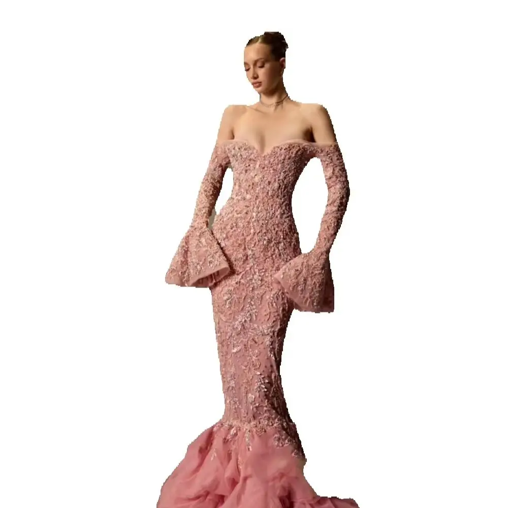 Rosa Ballkleider, bodenlang, schulterfrei, mit Pailletten besetzt, Partykleid, Übergröße, Vestido De Noite, individuell gestaltet