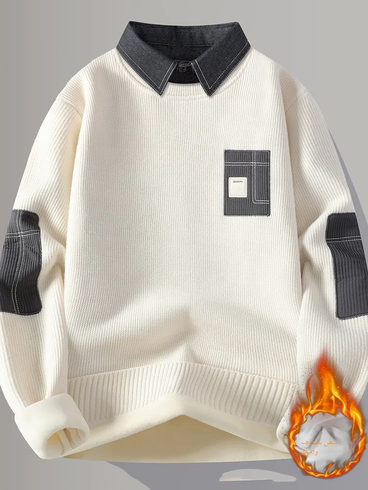 Men's Thickened Long Sleeve Sweater with Shirt Collar Integrated Fleece Autumn Winter Style Knitted Warm Casual Daily Wear