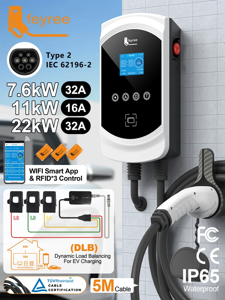 Feyree EV-lader Type 2 32A 7,6 kW 1-fasig Dynamisch Lastverdelingsmodel 11 kW 22 kW 3-fasig EVSE Wallbox Smart WIFI APP Functie voor elektrische auto's - afbeelding 2