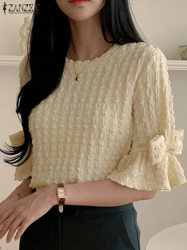 

ZANZEA Women Summer Tops Elegant Lady Office Blouse 2025 Fashion Bow Shirt 3/4 Flare Sleeve Solid Round Neck Casual Blusas Femme