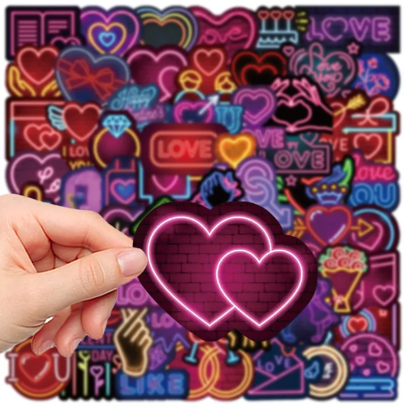 64pcs Creative Neon Valentine's Day Love Series Graffiti Stickers Suitable for Helmet Desktop Wall Decoration DIY Sticker Pack