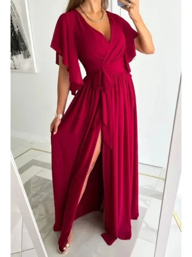Imagen 2 del producto Vestido de talla grande para mujer, vestido holgado y cómodo para ir al trabajo, Color sólido, mangas acampanadas, cuello en V, vestido informal con abertura en el suelo