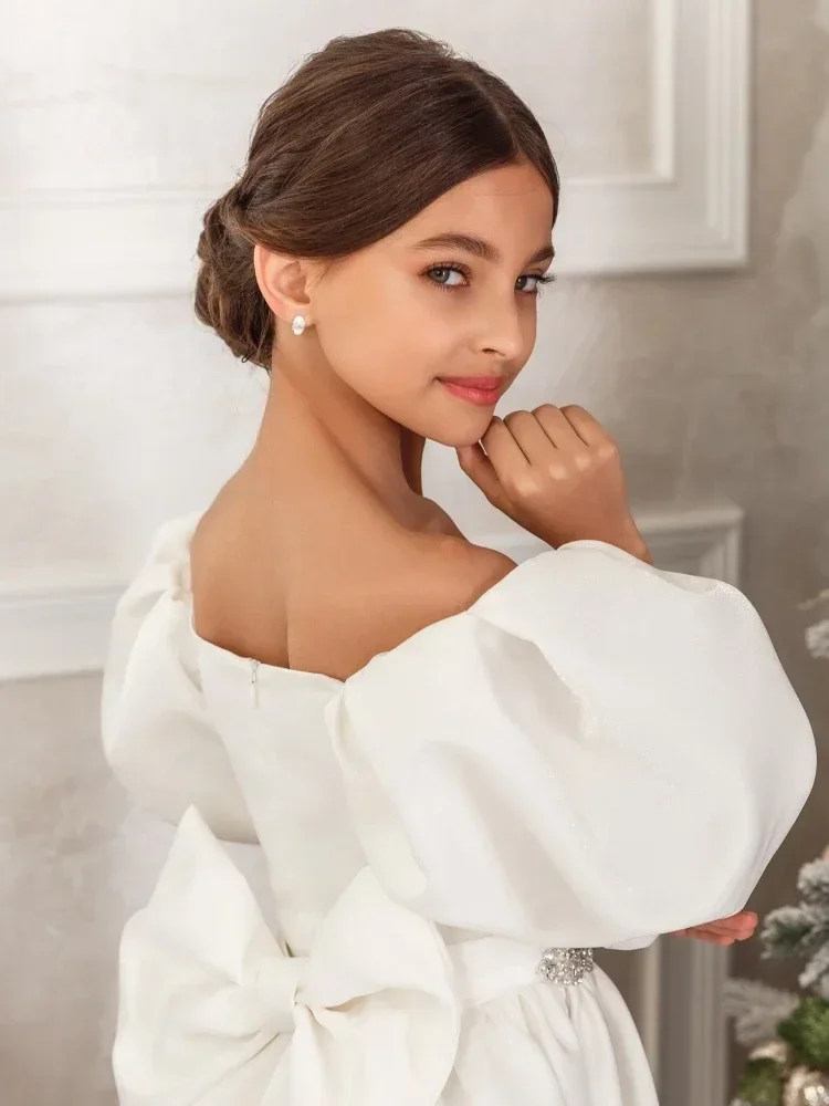 Cinturón de diamantes de satén blanco con lazo, mangas cortas para boda, desfile, fiesta, vestidos de princesa, vestidos de niña de flores, vestido de princesa