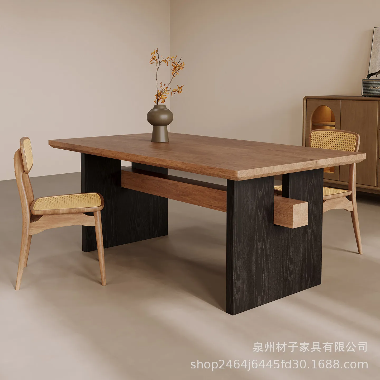 HYS medieval style all-solid wood dining table and chair combination household large board tea table wabi-sabi wind restaurant