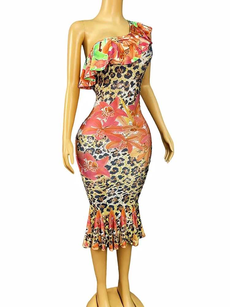 Hoge kwaliteit hot stamping sexy luipaardprint onregelmatige lotus rand jurk 2025, nieuwe modieuze aangepaste dameskleding