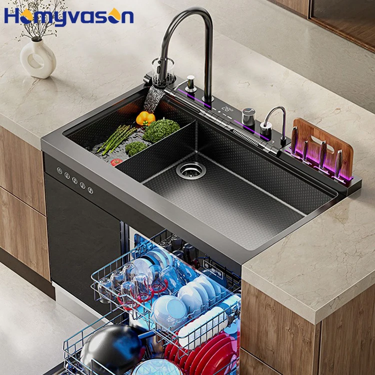 

Good Selling Nano Black Stainless Steel Dishwasher Smart Sink Rectangular Double Bowl Kitchen Sink with Dishwasher