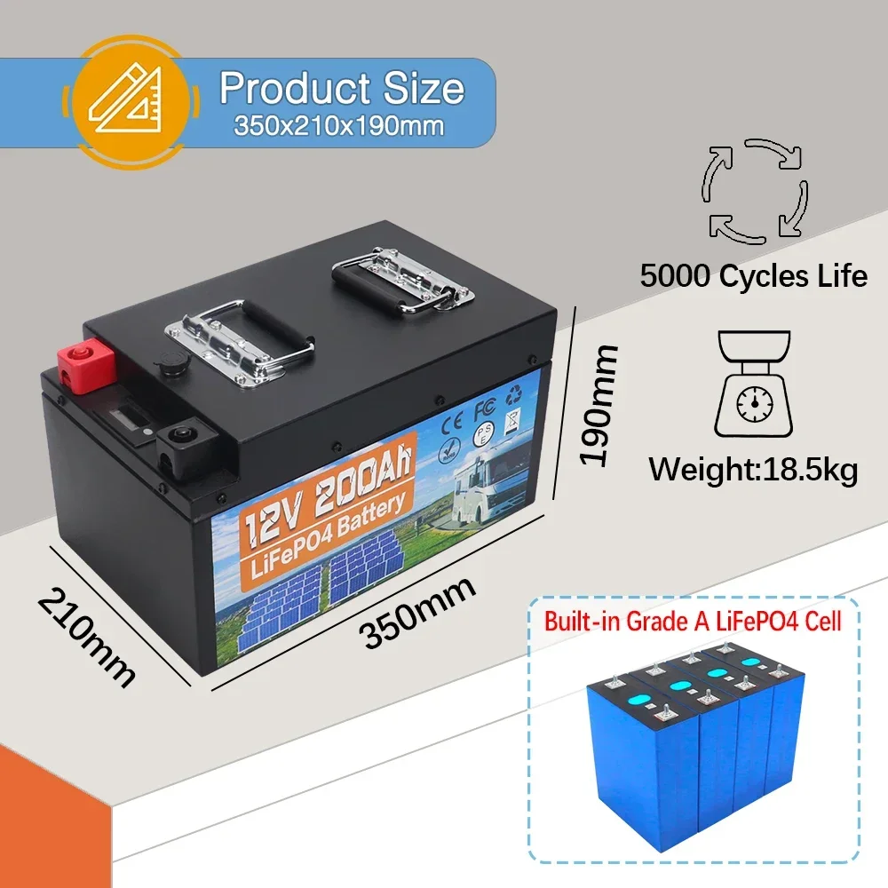 12V 200AH 120Ah LiFePo4 Battery Built-in BMS Lithium Iron Phosphate Cell 5000 Cycles For RV Campers Golf Cart Solar With Charger