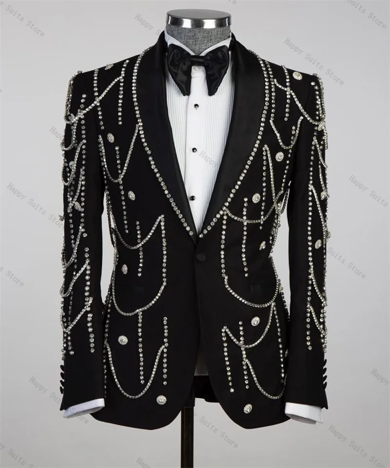 Traje de lujo con piedras y cristales para hombre, chaqueta de 2 piezas + Pantalones, esmoquin negro para boda, chaqueta Formal de algodón para oficina y negocios personalizada
