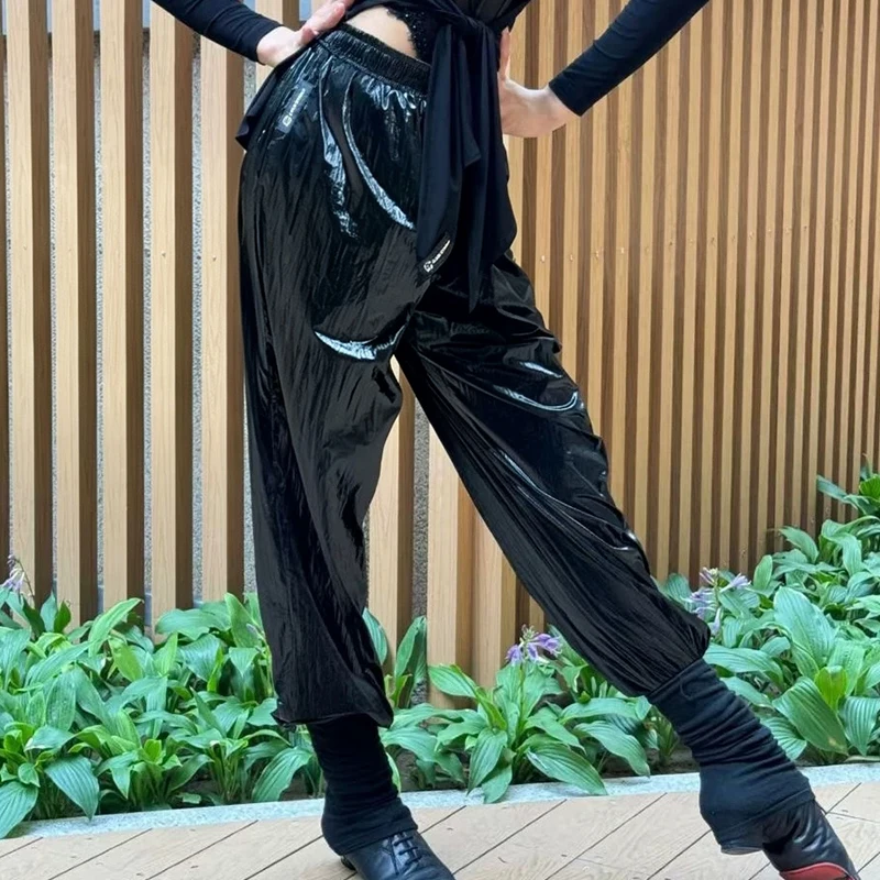Women Latin Dance Pants Black Elastic Waist Trousers Loose Fit Salsa Chacha Ballroom Dance Pants Adult Training Clothes VDL6057