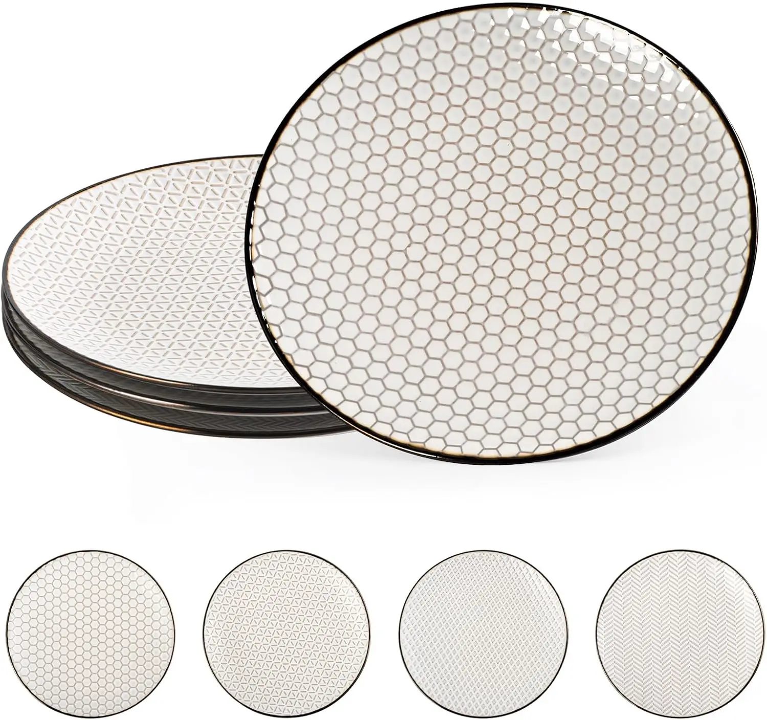 

Salad Plates Set of 4-8.5 Inch Ceramic Dinner Plates Embossed Dishes for Kitchen - Scratch Resistant, Oven Microwave Dishwasher
