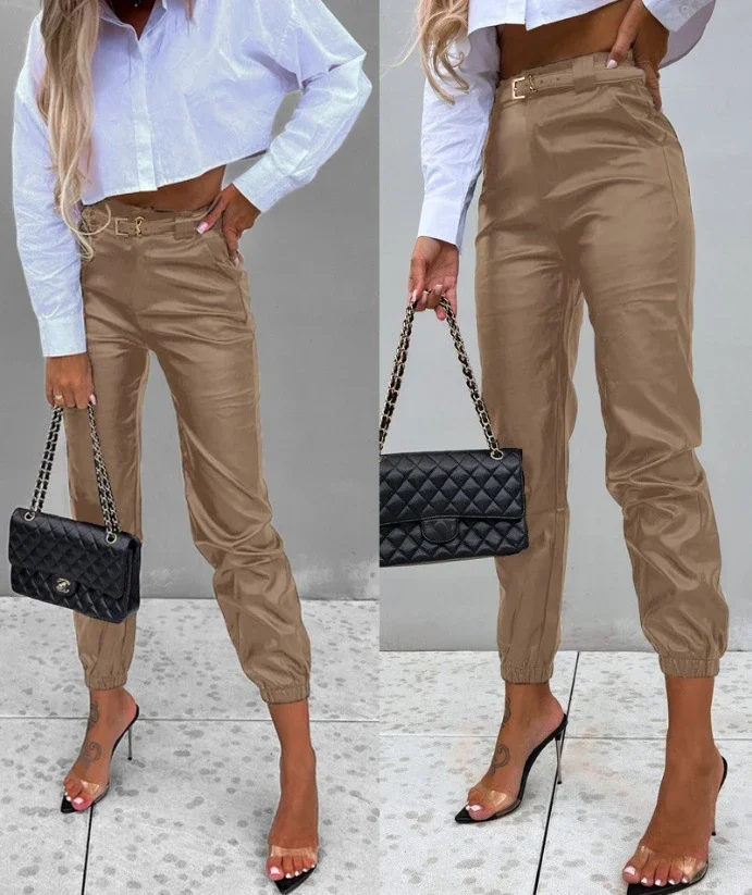 Women Black Pu Leather Pants Casual 2025 Autumn Fashion High Waist Pocket Design Sexy Tight Long Trousers Clothing Streetwear