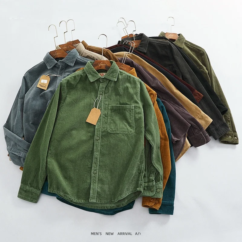 Heavy Thick High Pit Thick Strip Retro Corduroy Long sleeve Shirt Men's Autumn Cotton Cargo Shirts Outerwear