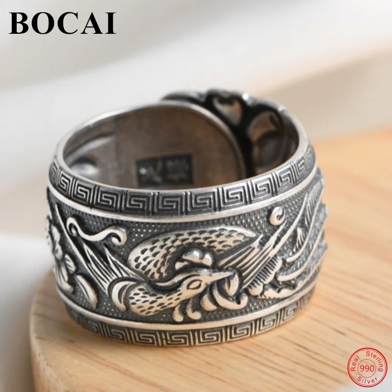 BOCAI S990 Sterling Silver Rings for Women Men New Fashion Wide Butterfly Argentum Peacock Punk Jewelry Adjustable Wholesale