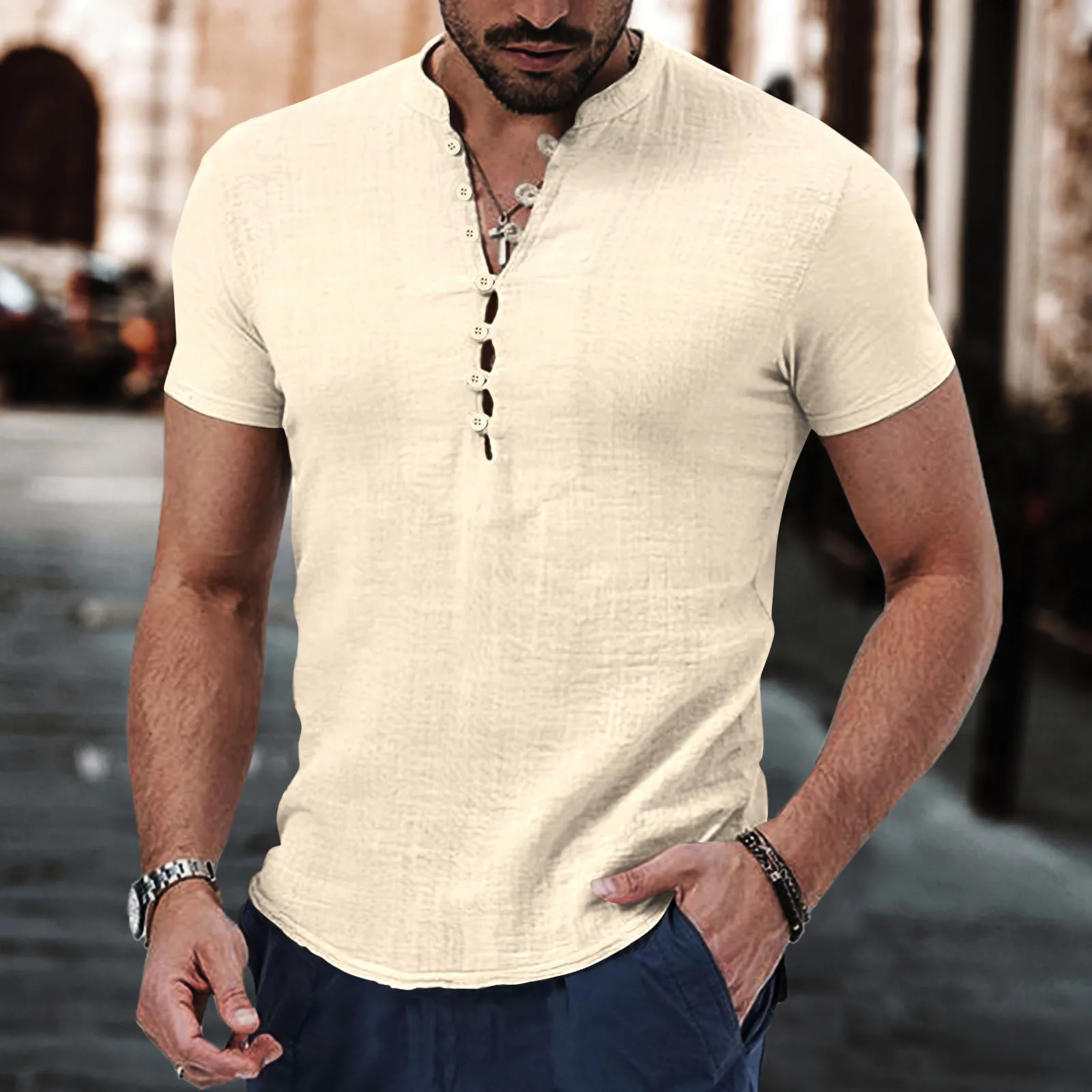Summer men's cotton and linen fashionable, high-end, comfortable, breathable, retro and comfortable short-sleeved clothing.