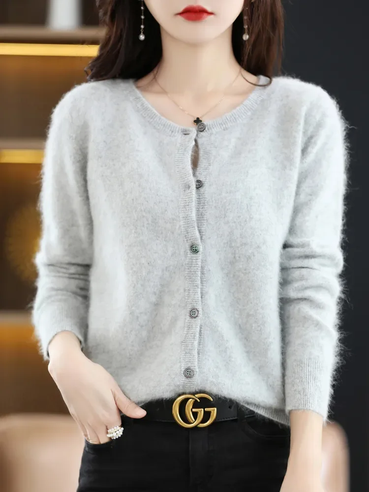 RONGNI Women Cardigan Super Warm Pure Mink Cashmere Sweaters O-neck Loose Female Sweater Ladies' Solid Color Knit Cardigans