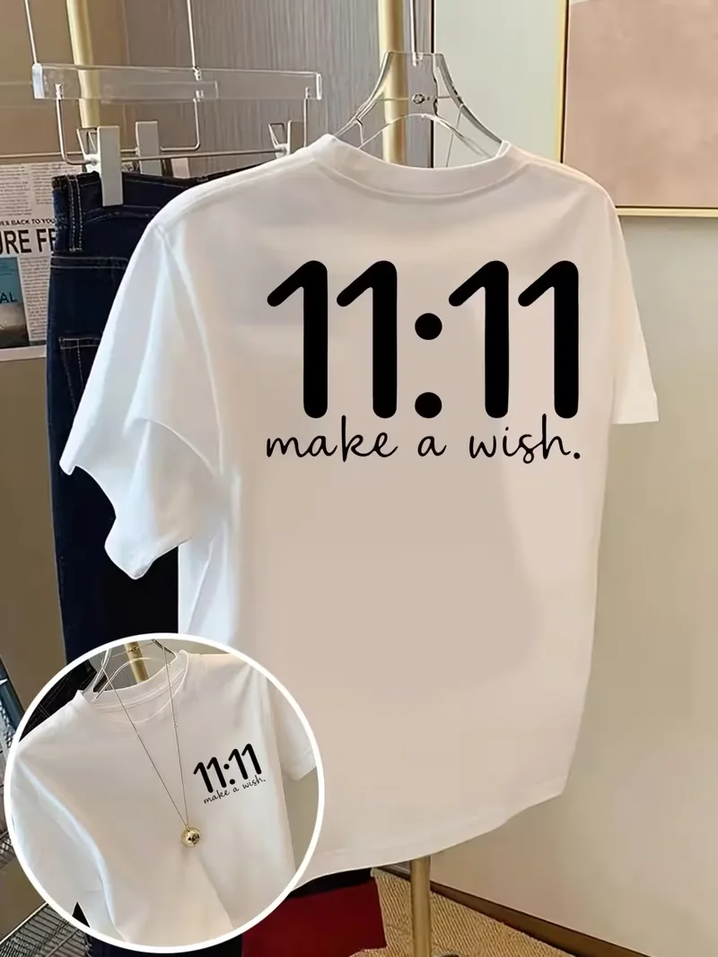 Minimalist Spiritual Aesthetic Top,11:11 Make A Wish Angel Number Graphic T-Shirt Crew Neck Short Sleeve for Casual Daily Wear