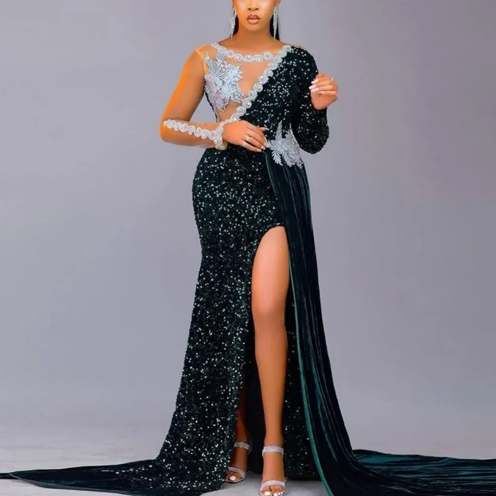 

Luxurious Aso Ebi Arab Mermaid Crystal Glitter Women's Evening Dress Sexy Transparent Long Sleeve Split Ball Dress Customized