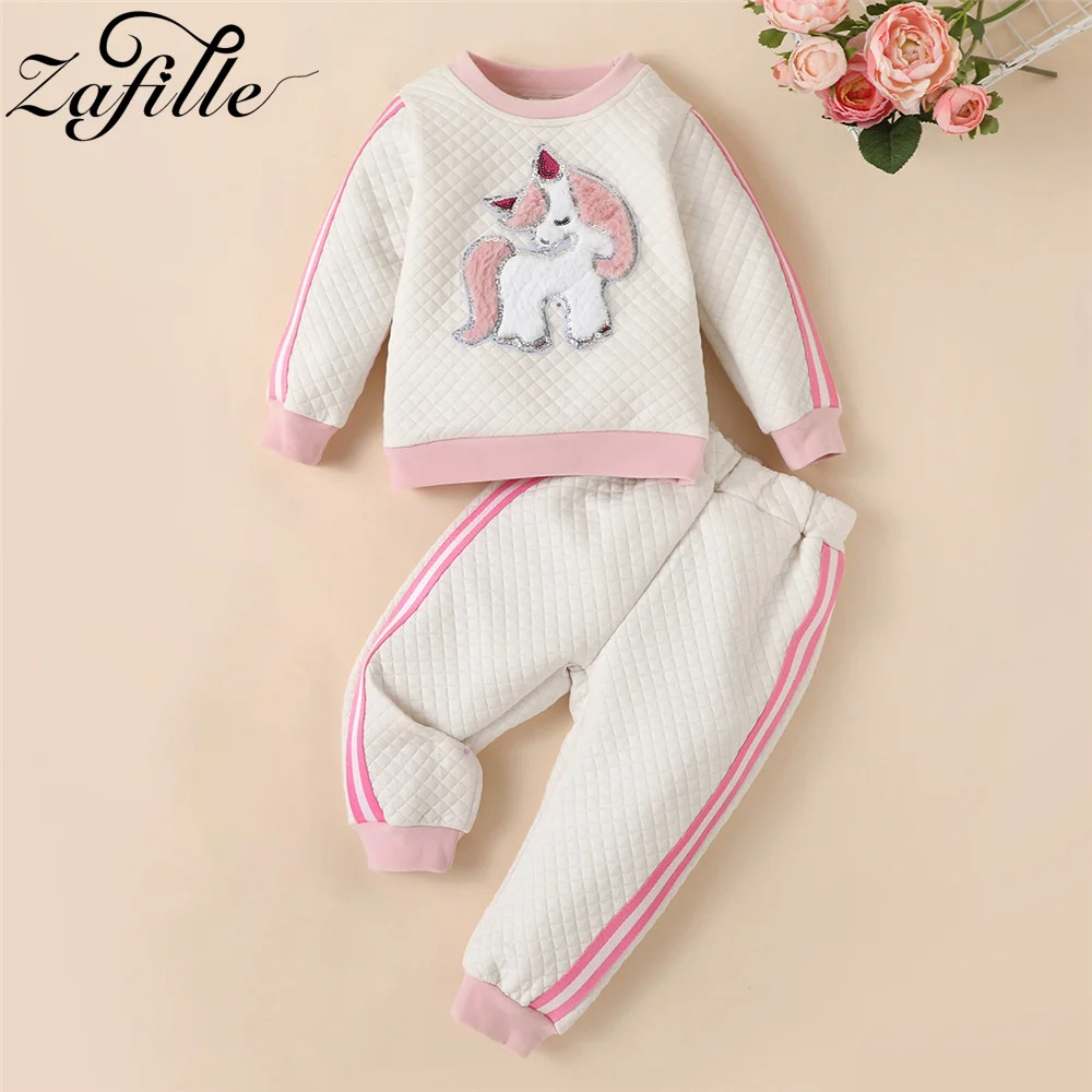 ZAFILLE 4-7Y Girls Clothes Set Unicorn Print Toddler Baby Costume Winter Kids Girls Clothing Cute Cartoon Children's Tracksuits